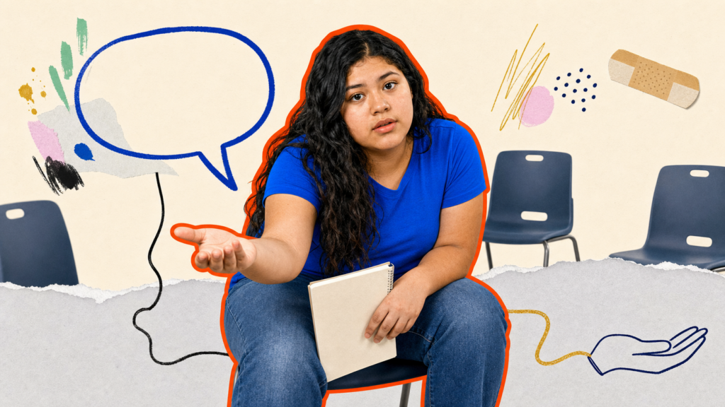 Flat mixed-media portrait of a full-figured Latina teenager extending an open hand with a blank notebook beside an empty speech bubble and listening hand.