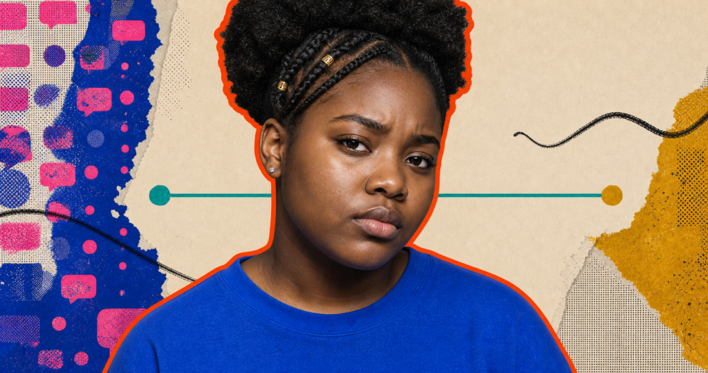 Mixed-media portrait of a dark-skinned Black teenage girl between rapid signals and the open space of waiting.