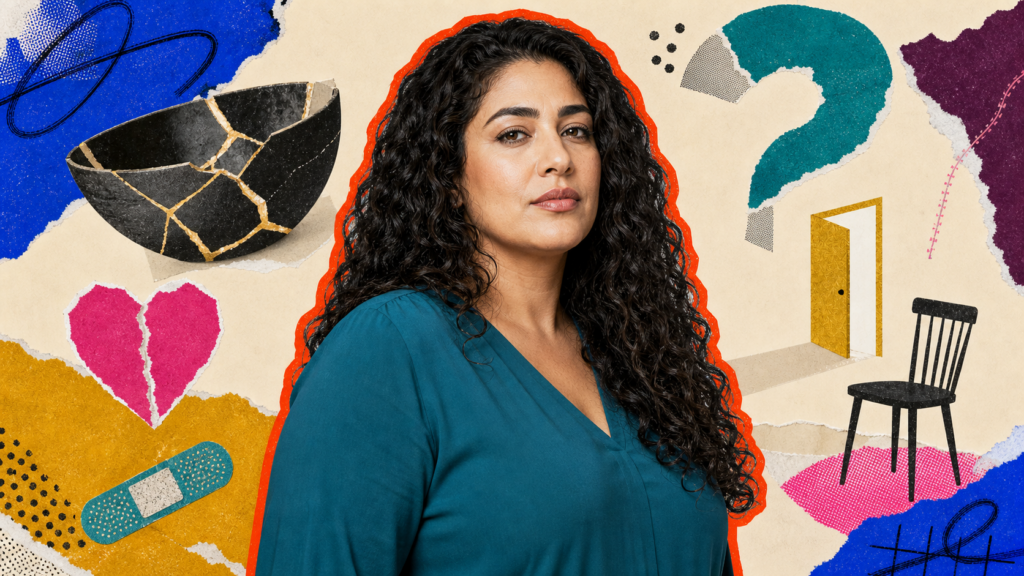 Mixed-media portrait of a fuller-built Middle Eastern woman with a guarded, hopeful expression beside mended paper, an open chair, and a doorway.