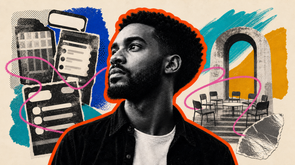 Mixed-media portrait of a young Black man between social media panels and an open circle of chairs at a church threshold.